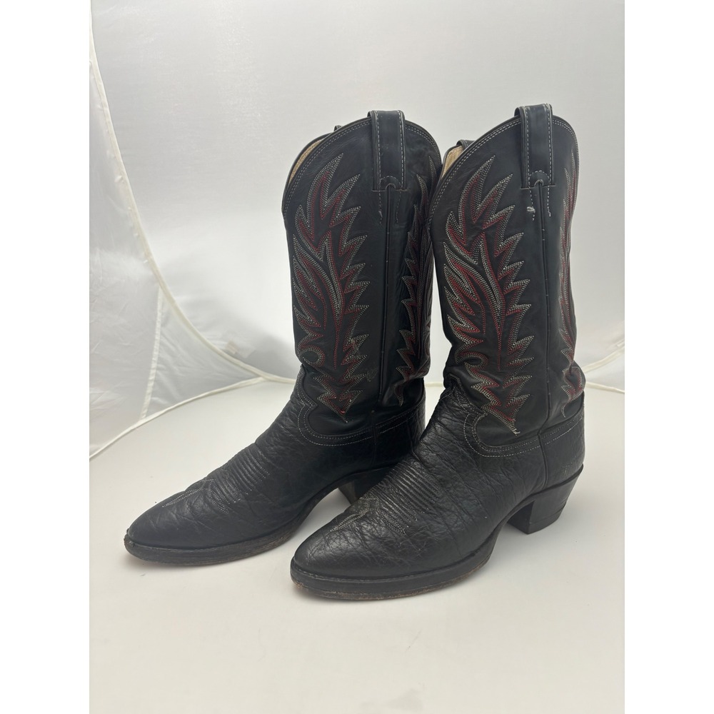 Justin Mens 9211 Black Leather Western Cowboy Boots Red Grey Stitching Size 9 D